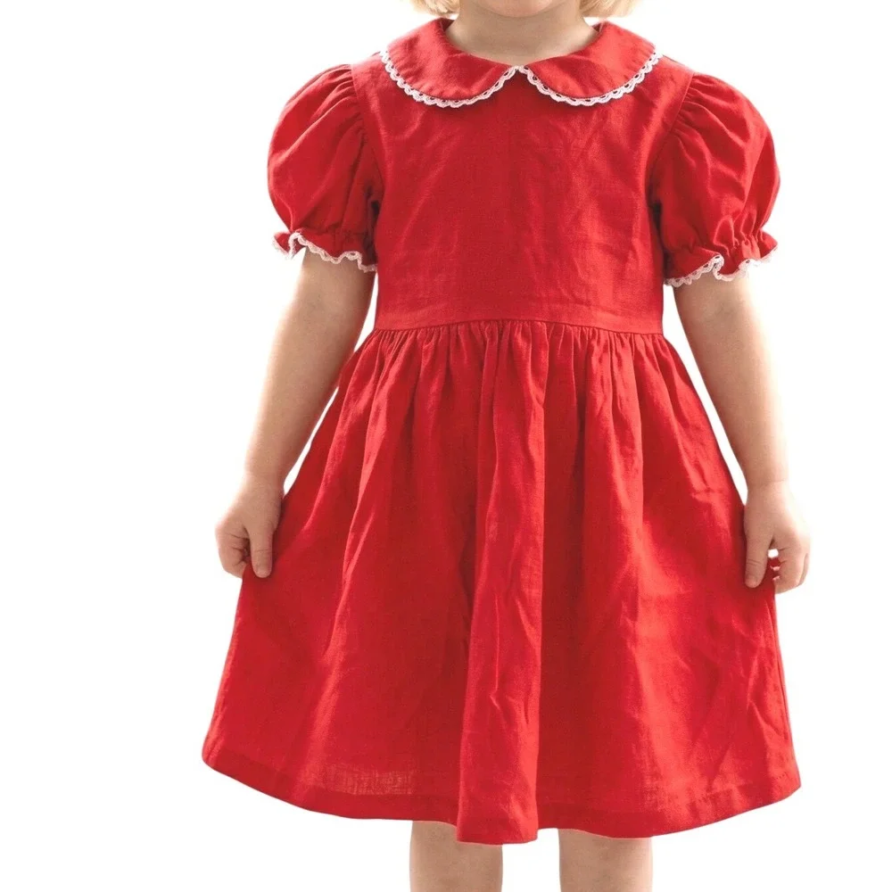 Vintage Nannette Girls Red Puff‎ Sleeve Eyelet Lace Peter Pan Collar Dress 4t 4